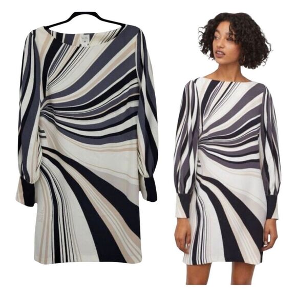 Richard Allan X H&M Black White Tan Printed Swirls Boat Neck Long Sleeve Dress - Picture 4 of 15